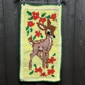 Vintage 80s Latch Hook Rug Fawn Deer Flowers with Crochet Border 27.5”x15”.